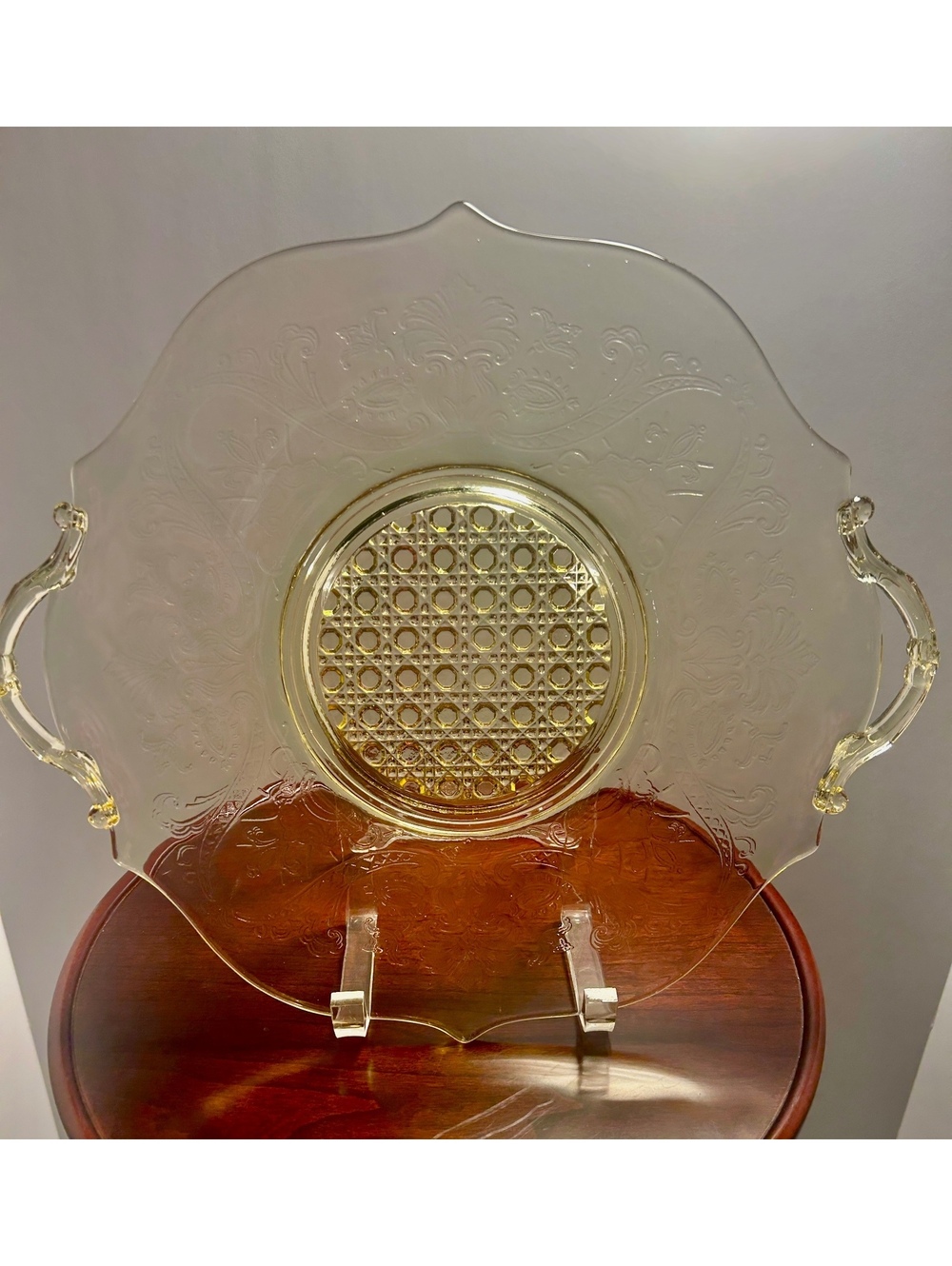 Lancaster Depression Glass Platter in Topaz “Landrum” or “Cane” Pattern